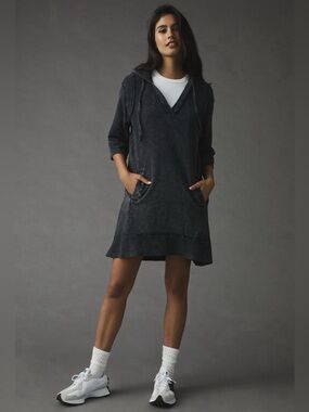 Anthro Daily Practice Hoodie Mini Dress Acid Wash Charcoal Athleisure S